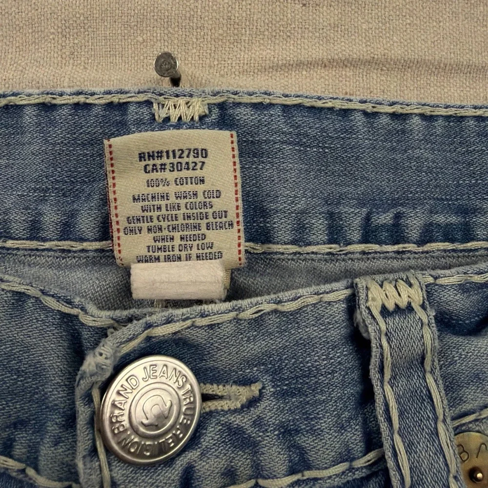 VTG True Religion Billy Super T Jeans 38 Blue Distressed Bootcut Contrast Stitch
